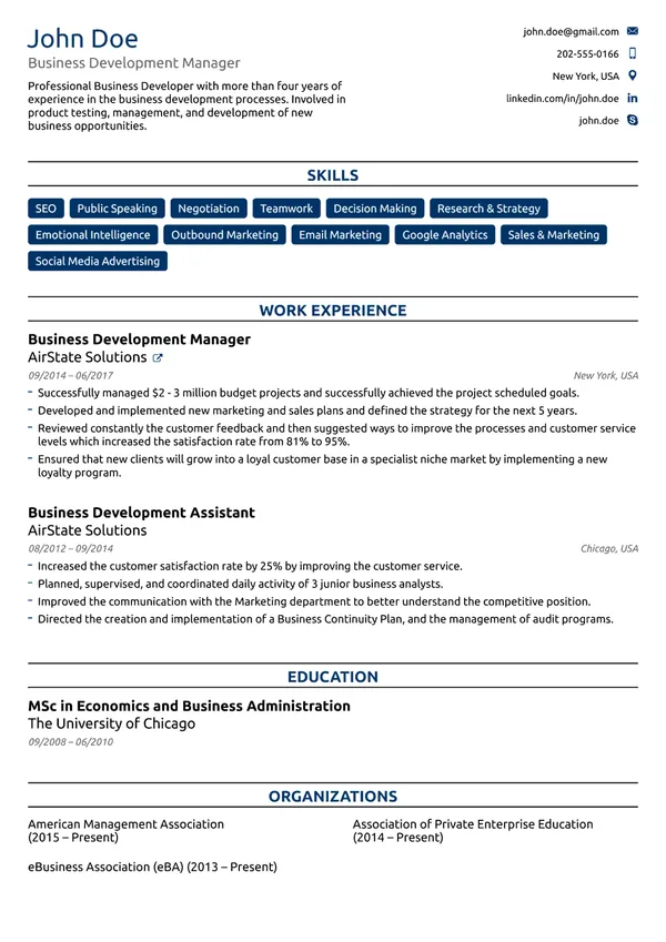 Business Development Manager resume example