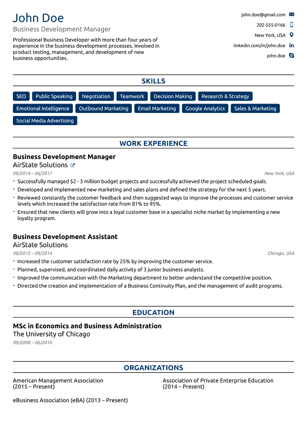 Business Development Manager resume example