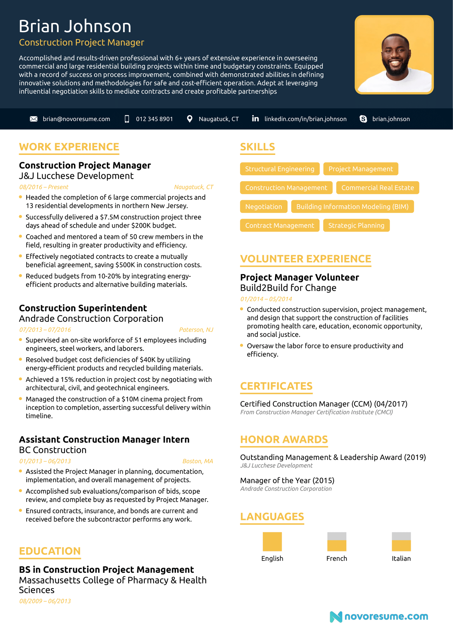 Construction Project Manager Resume with Photo resume example