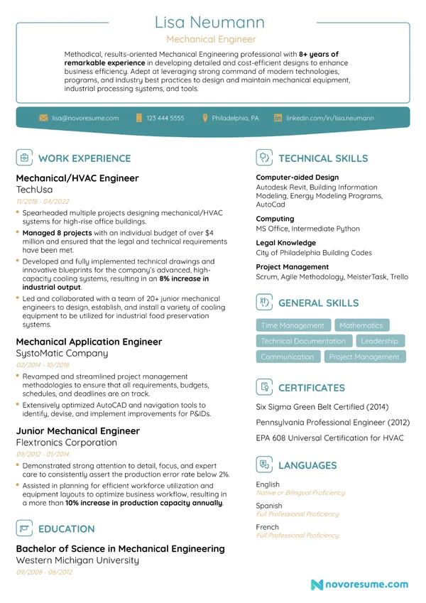Mechanical Engineer resume example