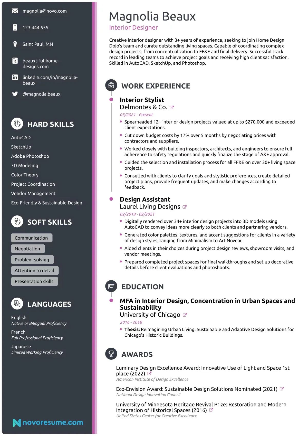 Interior Designer resume example