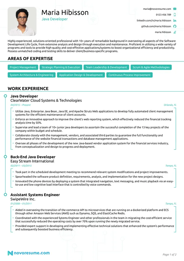 Java Developer Resume with Photo resume example