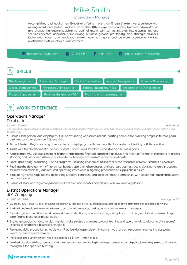 Operations Manager resume example