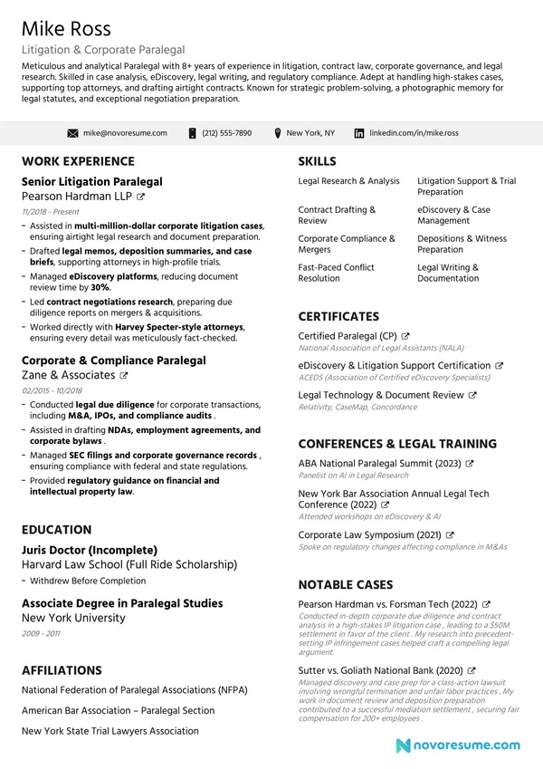 Paralegal resume example