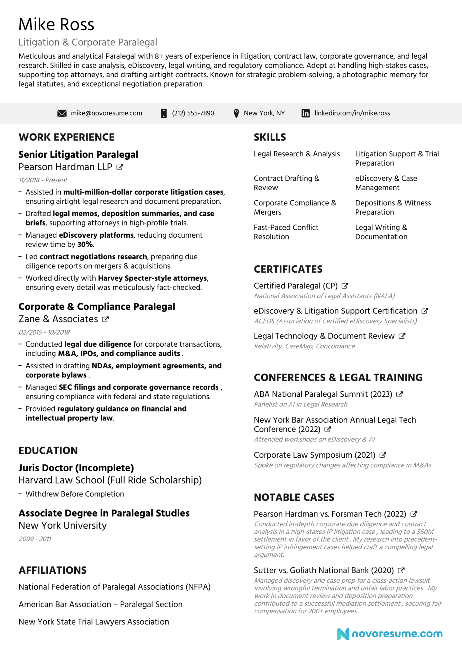 Paralegal resume example