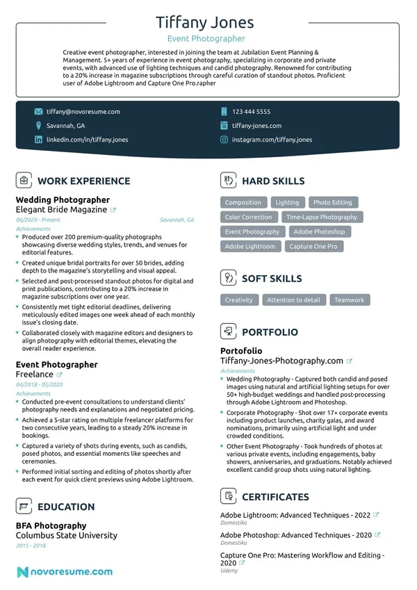 Photographer resume example