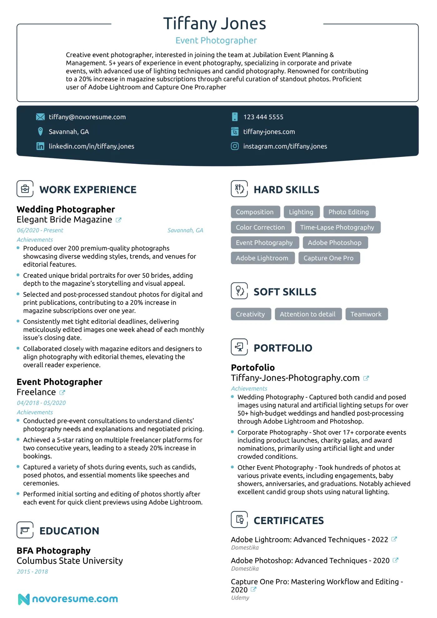 Photographer resume example