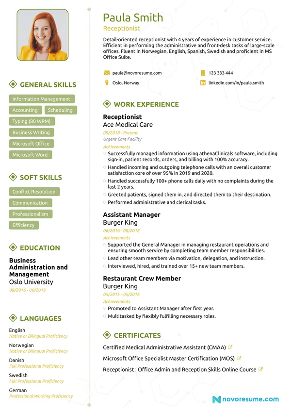 Receptionist Resume with Photo resume example