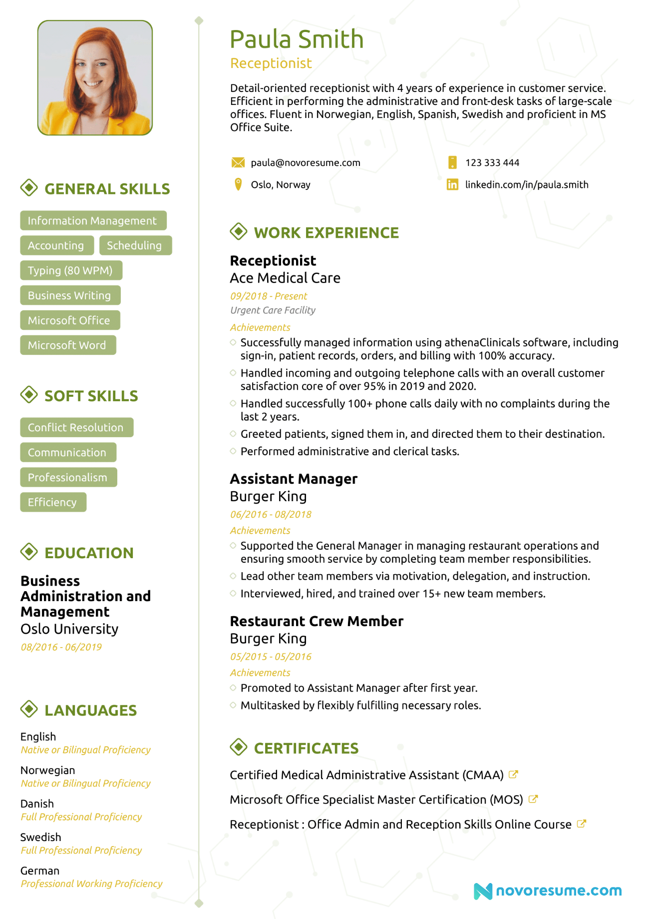 Receptionist Resume with Photo resume example