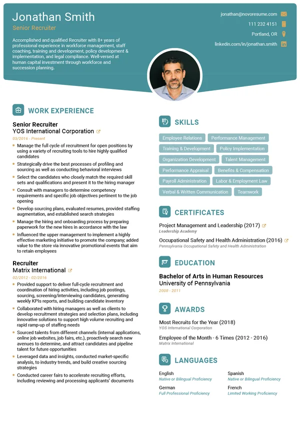 Recruiter Resume with Photo resume example
