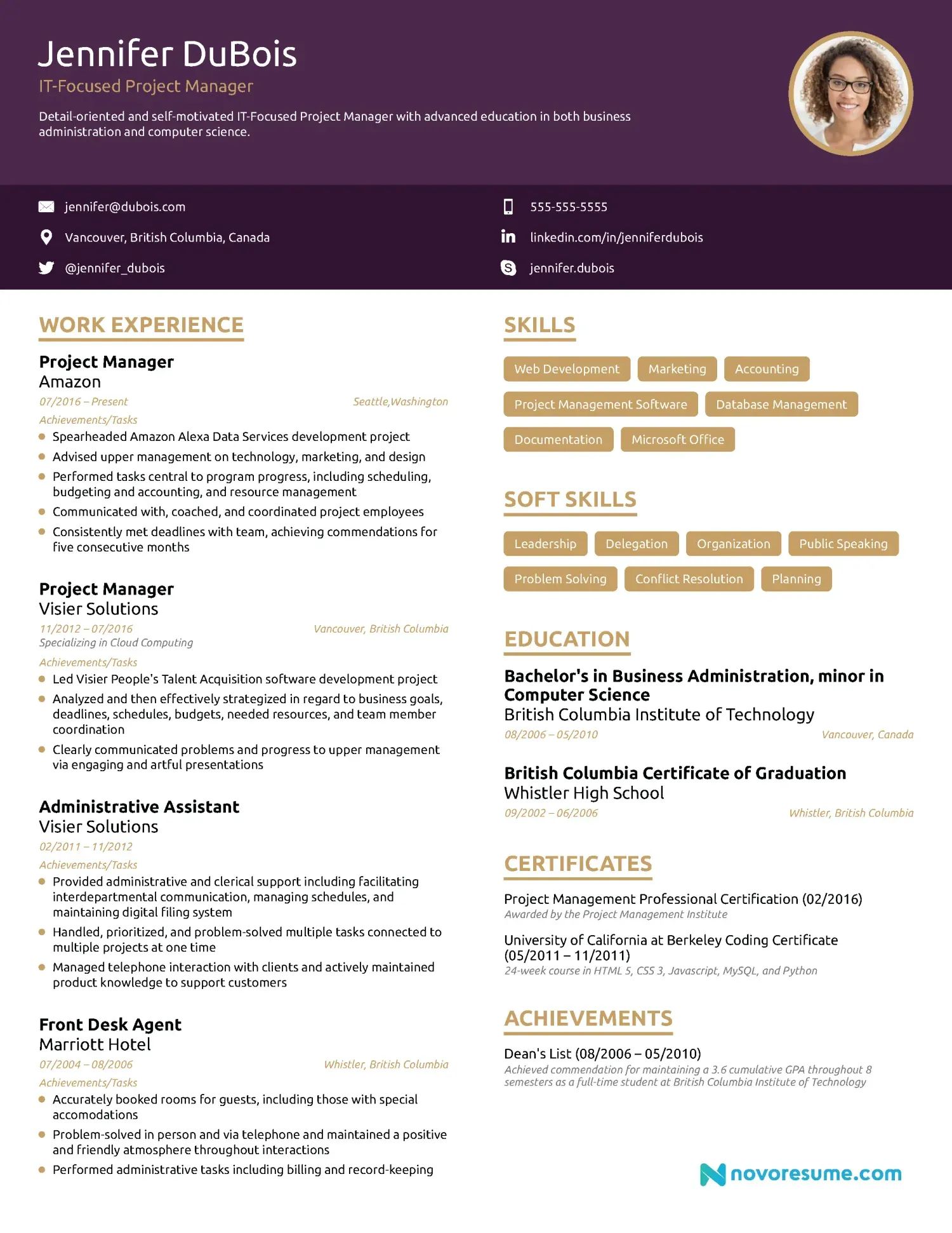 IT Project Manager Resume with Photo resume example