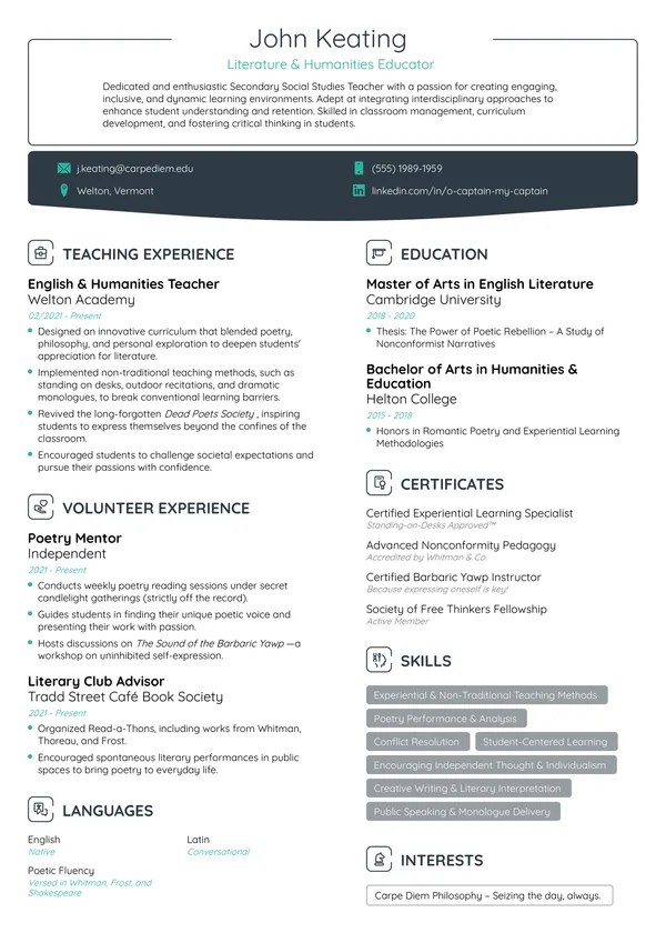 Teacher resume example