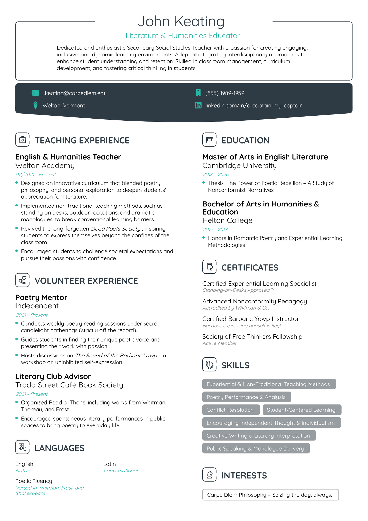 Teacher resume example
