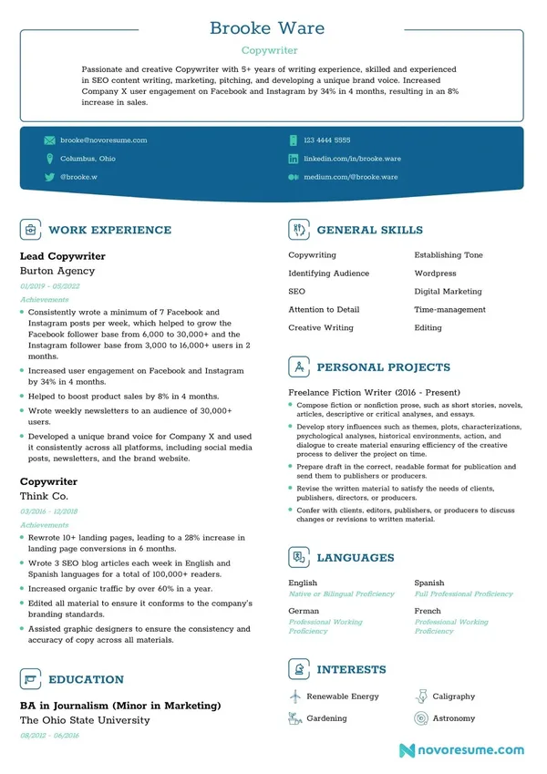 Copywriter resume example