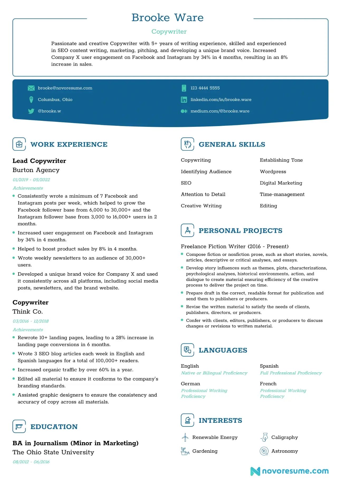 Copywriter resume example