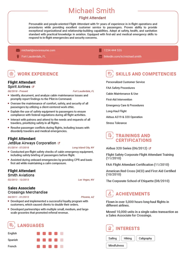 Flight Attendant resume example