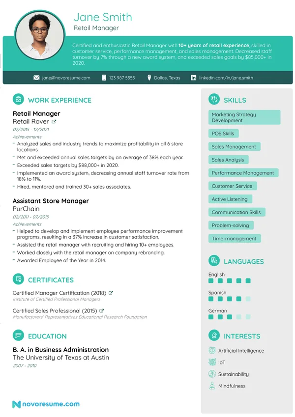 Retail Manager Resume with Photo resume example