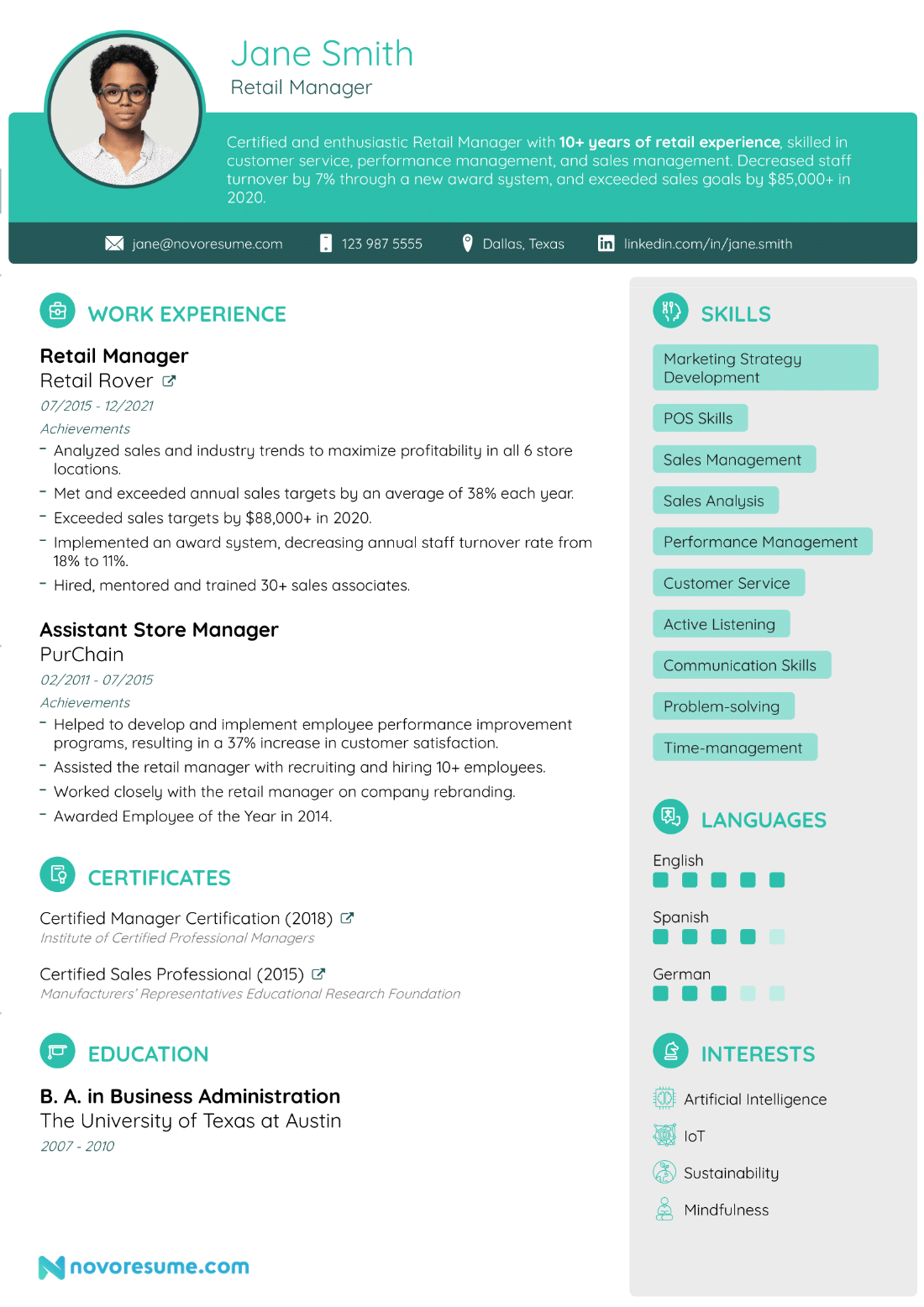 Retail Manager Resume with Photo resume example