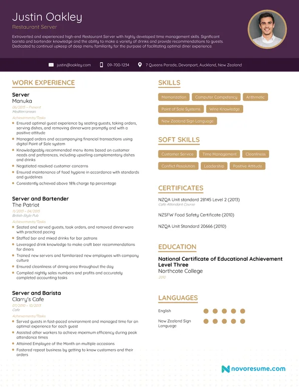 Server Resume with Photo resume example