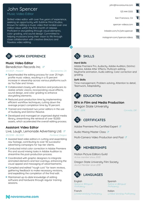 Video Editor resume example