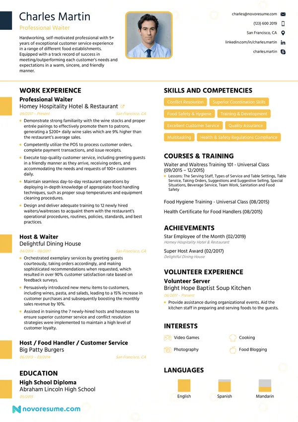 Waiter Resume with Photo resume example