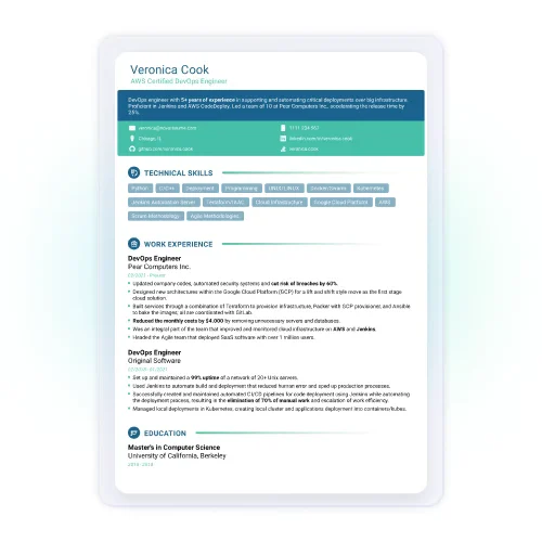 A resume on a Novorésumé template whose cover letter shares its design