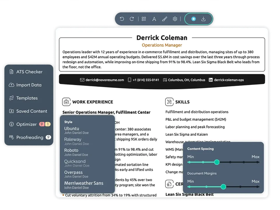 The Novorésumé resume editor with the AI tools menu, font styles and spacing controls open beside a resume